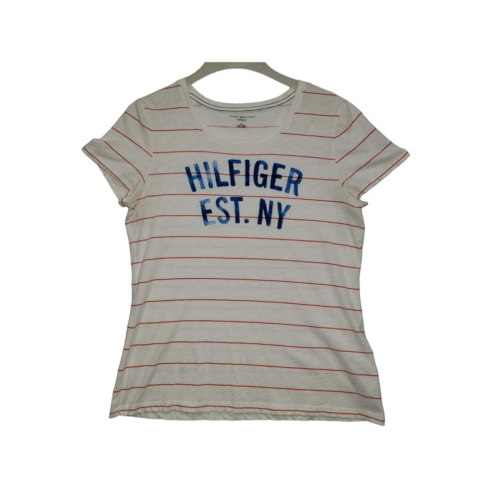 Tommy Hilfiger Women's Size Large White Red Striped Blouse Top‎ Short Sleeve